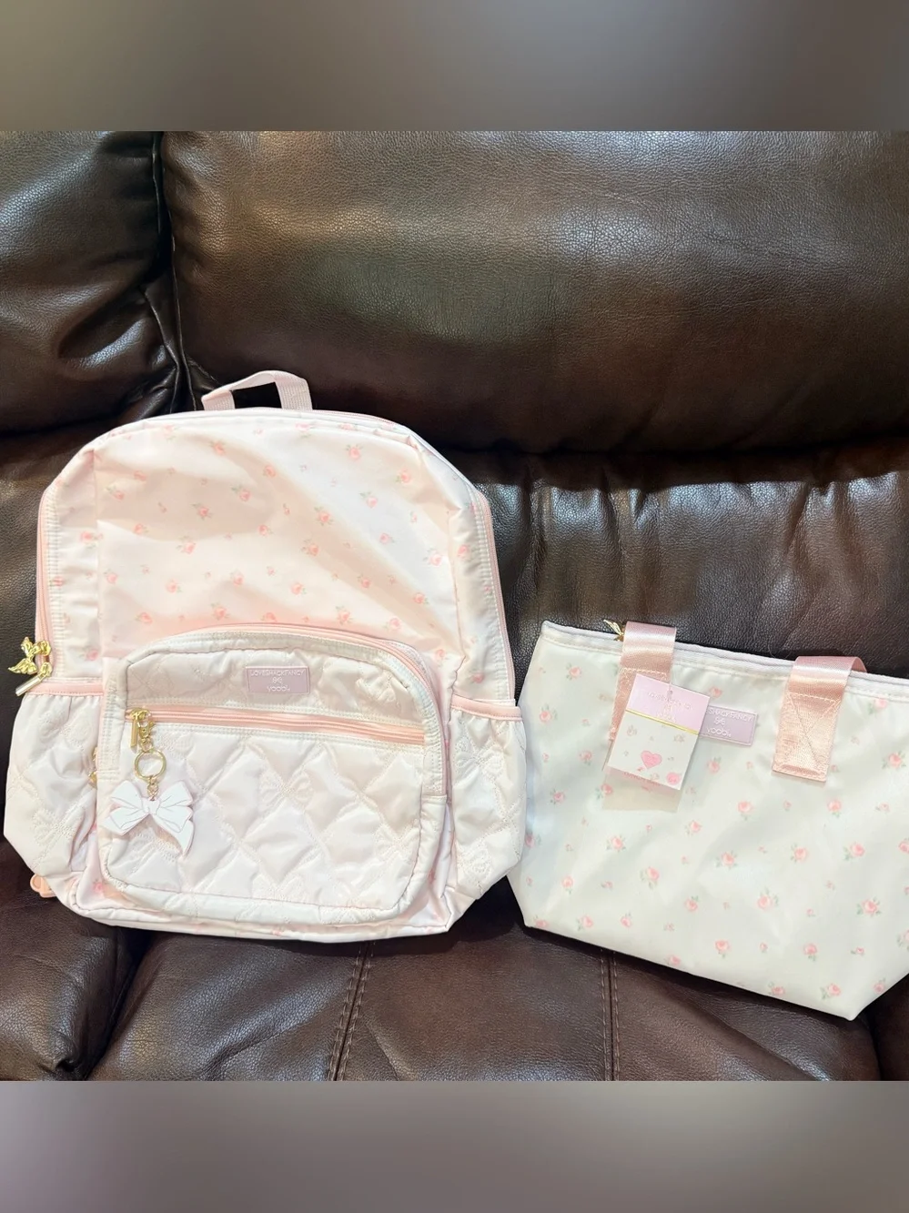 LoveShackFancy Pale Pink Quilted Backpack with Floral Lunch Tote